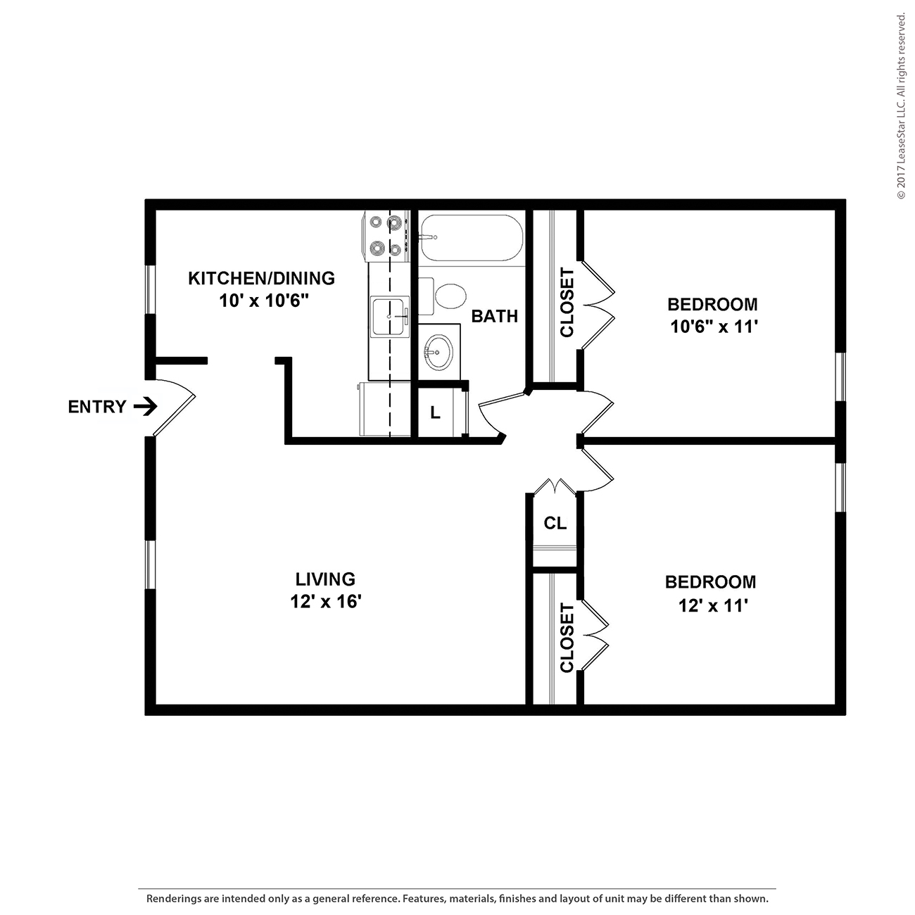 A floor plan of a small apartment with a living area, a kitchen, a bathroom, and two bedrooms.